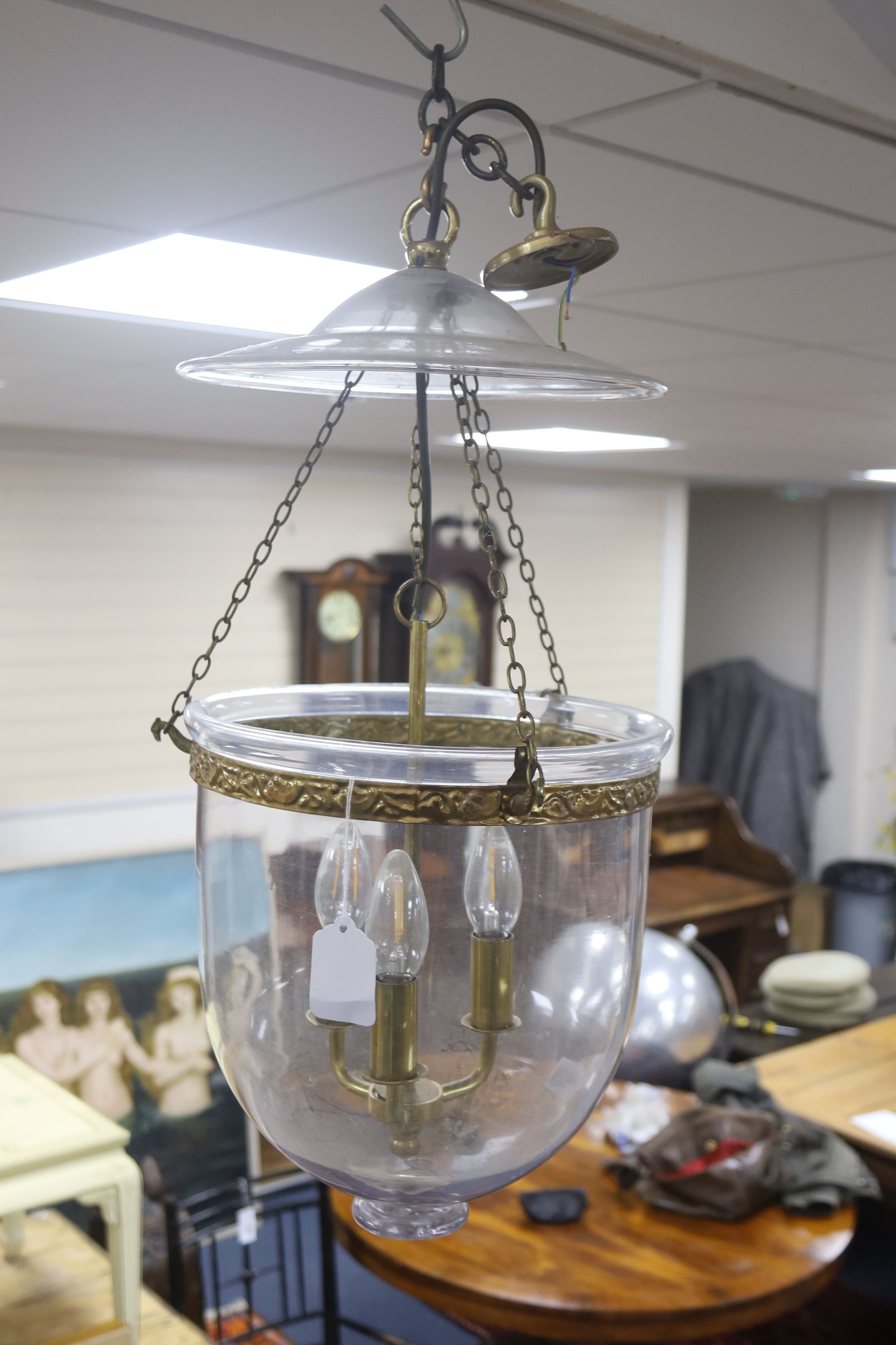 A pair of gilt metal mounted glass hall lanterns, height 48cm